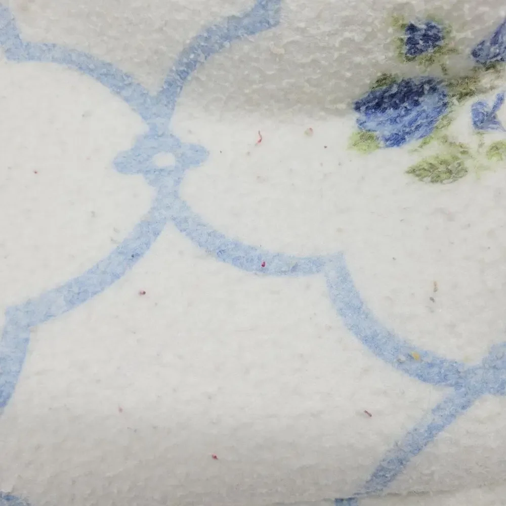Vintage Twin Sized Floral Satin Trim Fleece Blanket Blue Rose Moroccan Printed